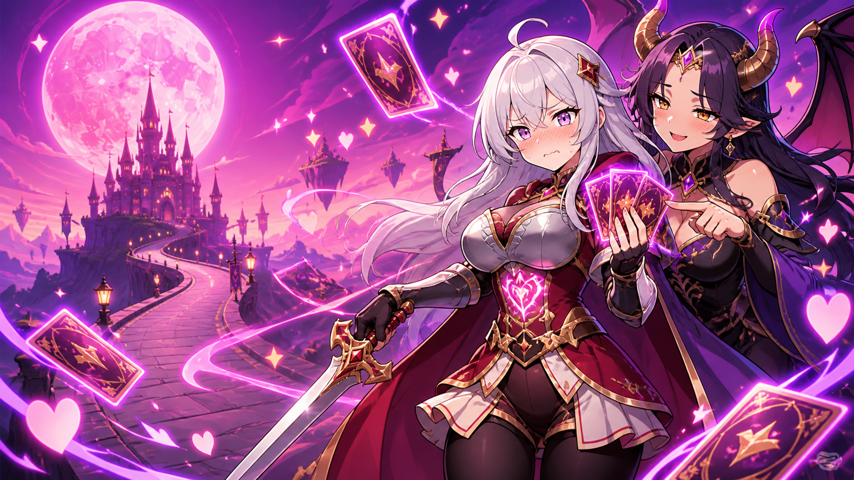 女勇者ミラとサキュバス魔王が向かい合うゲームキービジュアル